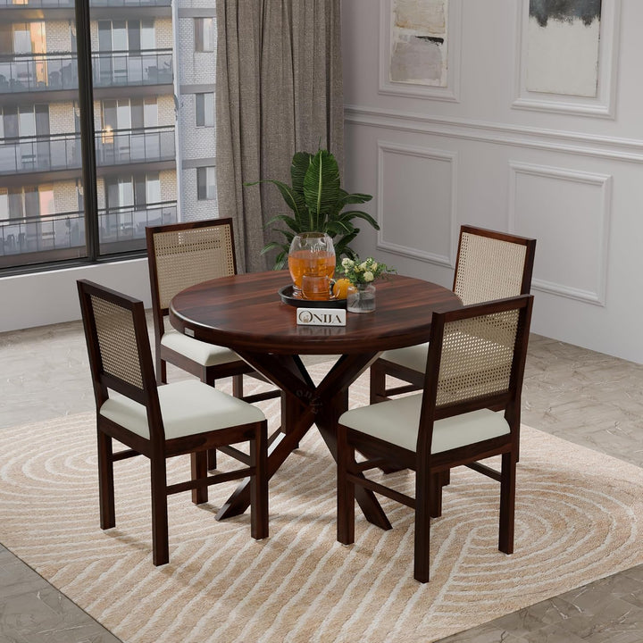 Premium Solid Wood Round Dining Table Set with Cane Back Chairs