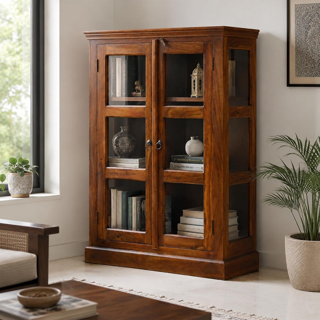 Premium Solid Wood Glass Door Display Cabinet & Bookcase