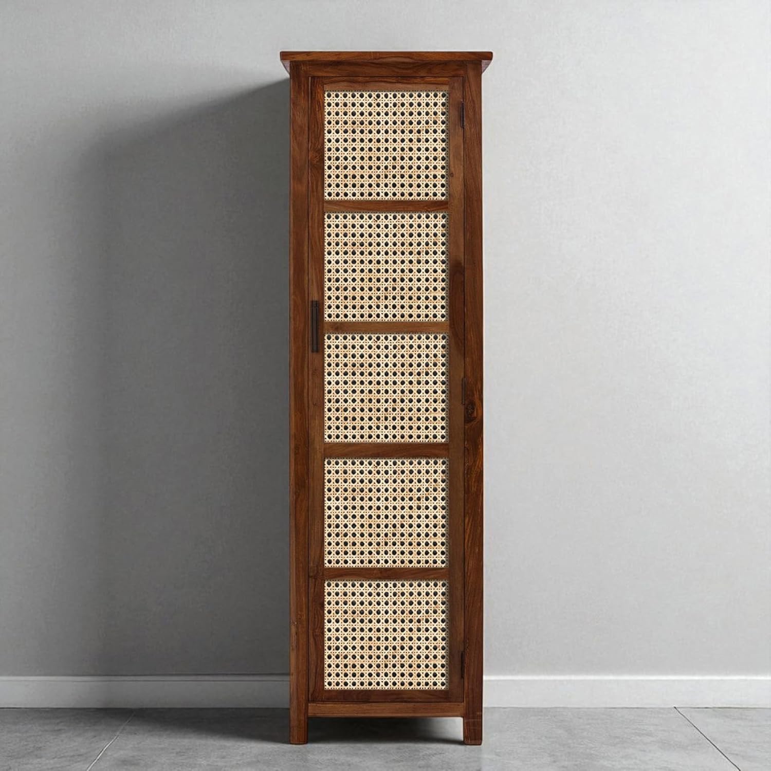 Solid Wood Cane Door Storage Cabinet | Slim Rattan Pantry Cabinet