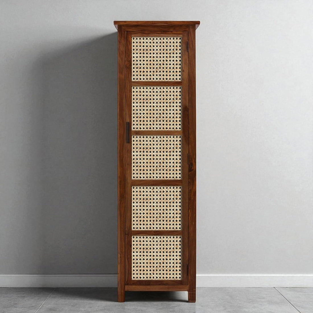 Solid Wood Cane Door Storage Cabinet | Slim Rattan Pantry Cabinet