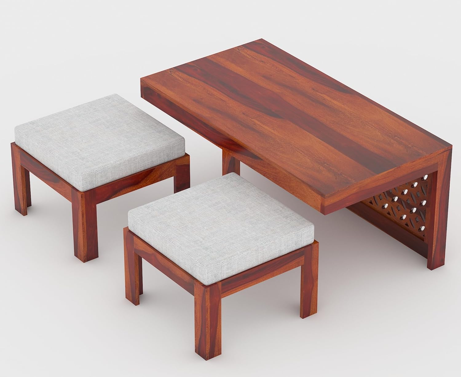 Craft D Art Sheesham Wood Center Table With Stools (Honey Finish)