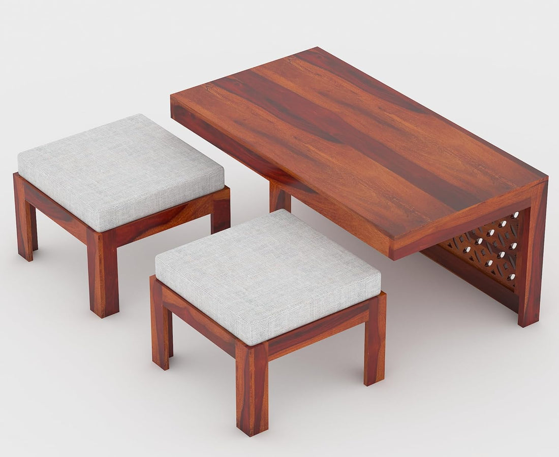 Craft D Art Sheesham Wood Center Table With Stools (Honey Finish)