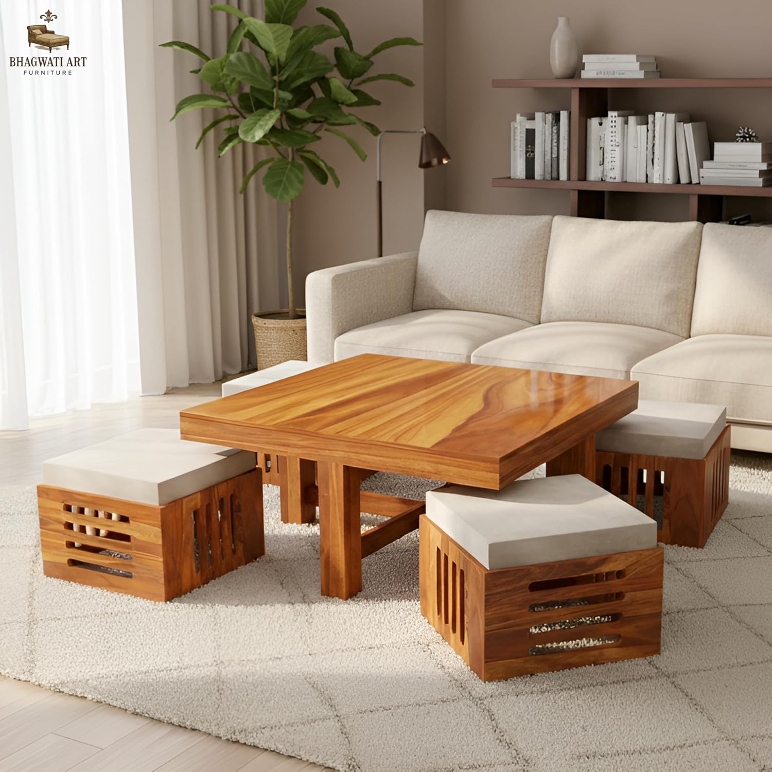 Solid Sheesham Wood Coffee Table  with 4 Cushioned Stools