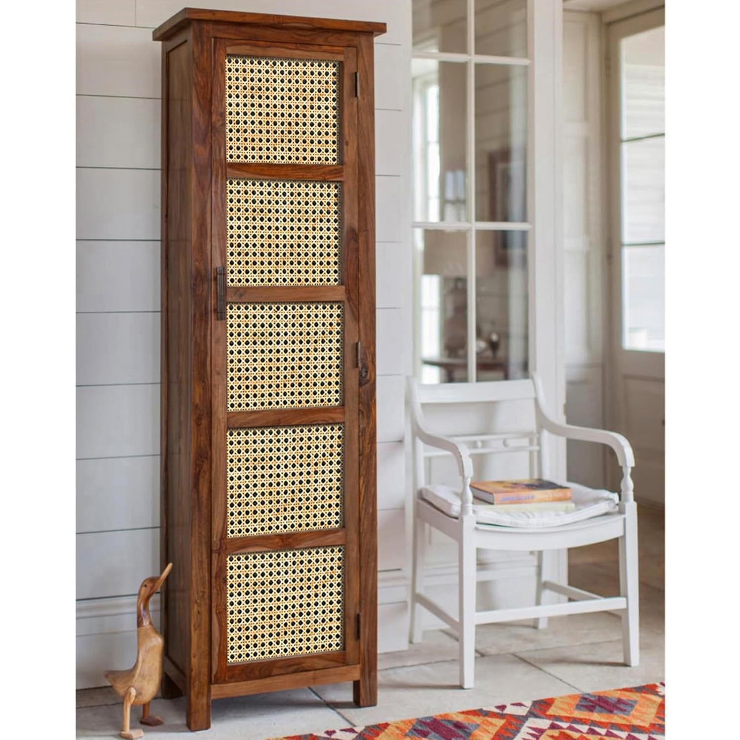 Solid Wood Cane Door Storage Cabinet | Slim Rattan Pantry Cabinet