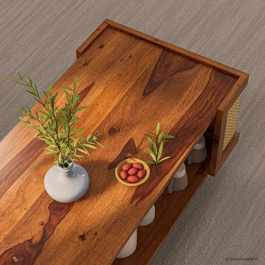 Solid Wood Cane Panel Coffee Table with Open Shelf