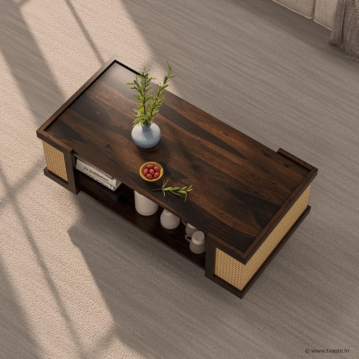 Solid Wood Cane Panel Coffee Table with Open Shelf Storage