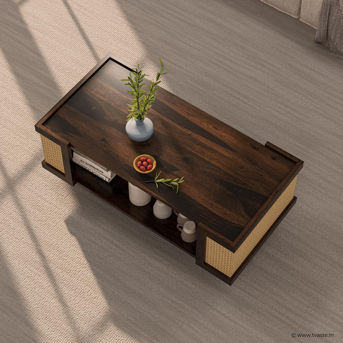 Solid Wood Cane Panel Coffee Table with Open Shelf Storage