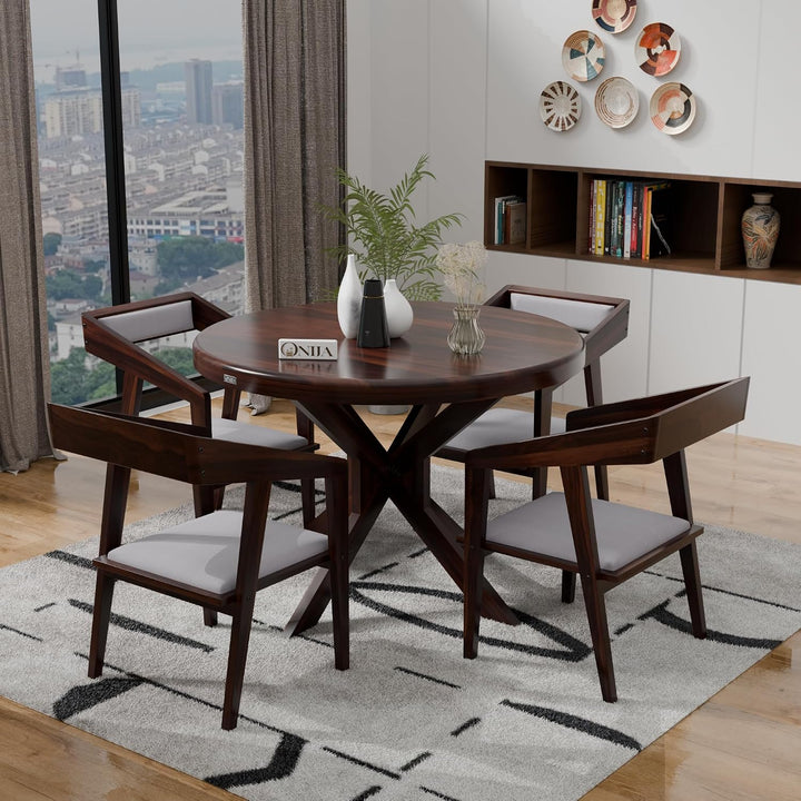 Craft D Art Modern Round Wooden Dining Table Set 4 Seater | Premium Dining Furniture