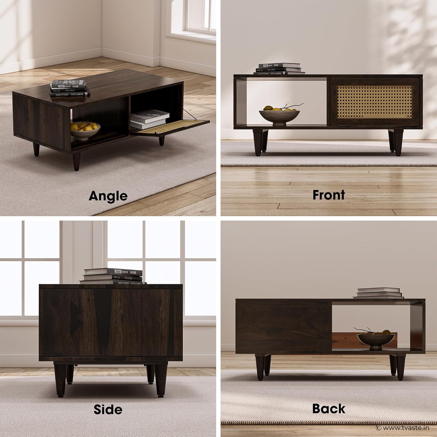 Solid Wood Cane Door Coffee Table with Open Storage Shelf