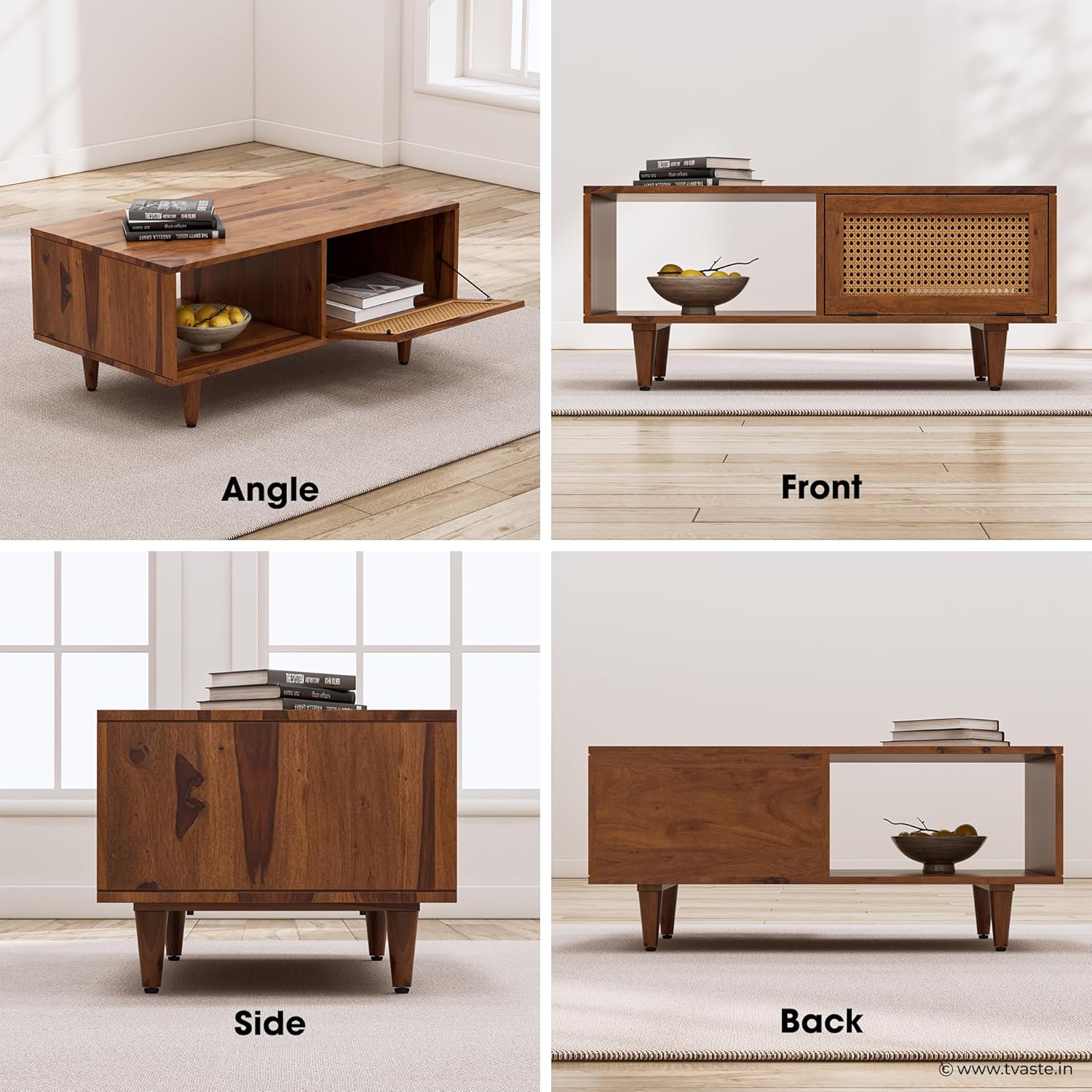 Solid Wood Cane Door Coffee Table with Open Shelf