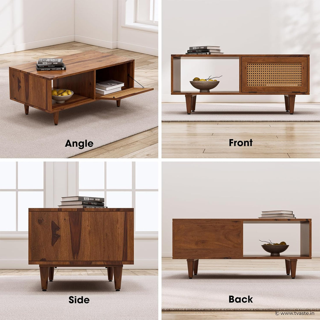 Solid Wood Cane Door Coffee Table with Open Shelf