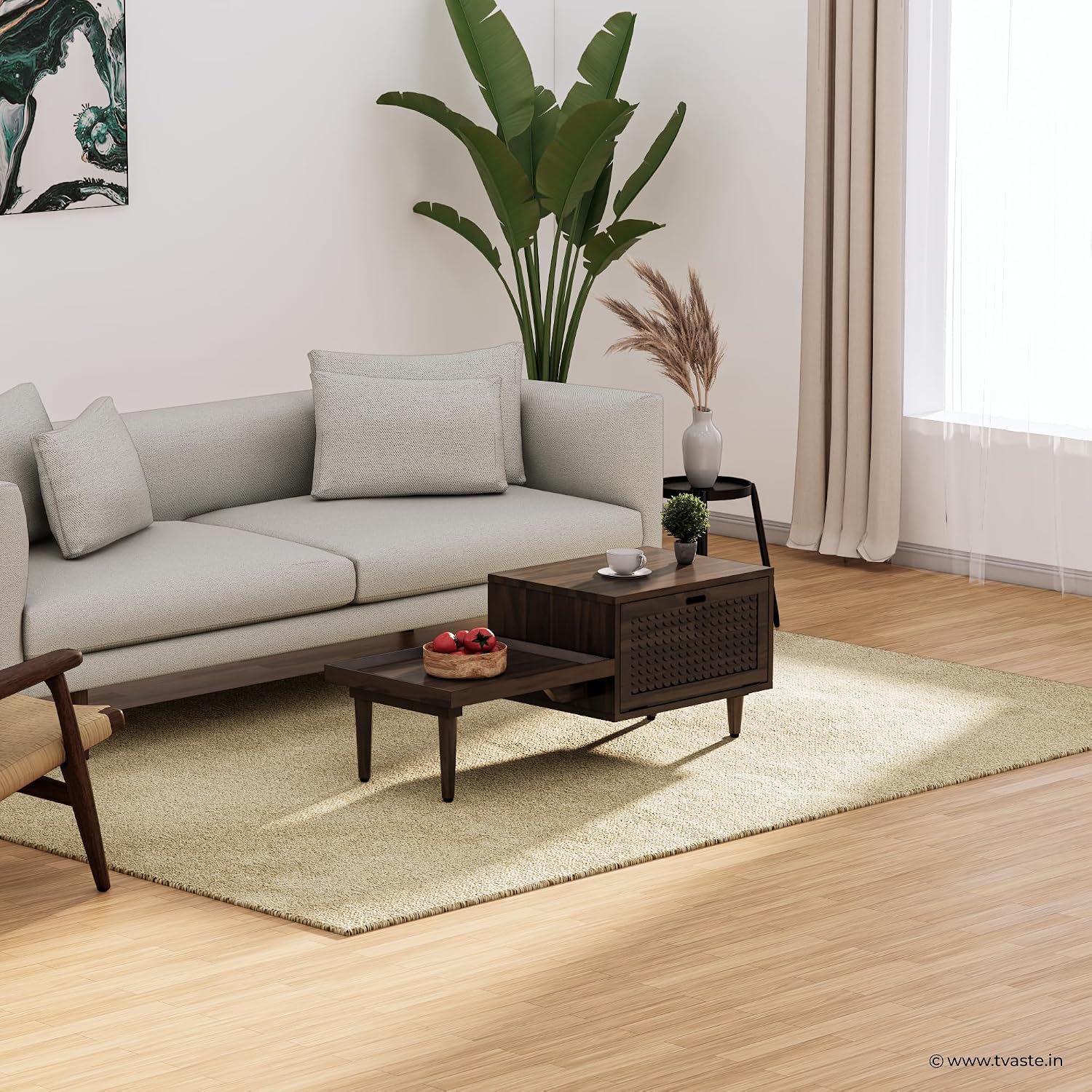 Solid Wood Coffee Table with Sliding Tray & Textured Storage Door