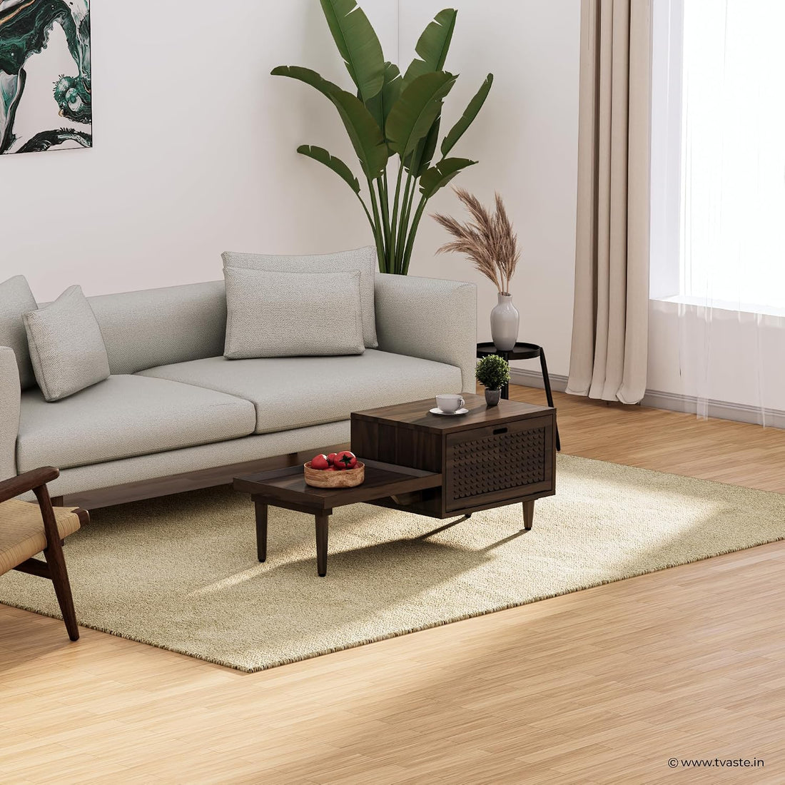 Solid Wood Coffee Table with Sliding Tray & Textured Storage Door