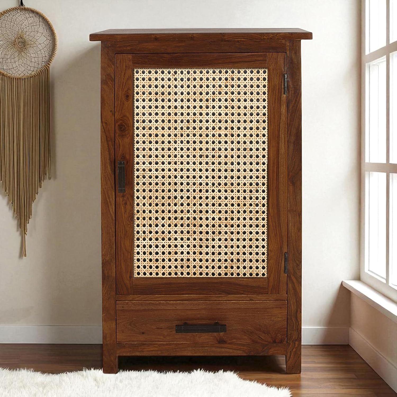 Solid Wood Cane Door Bookcase Cabinet with Drawer