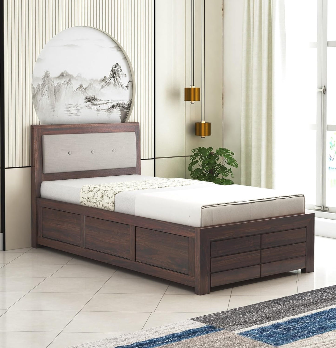 Lorveth Sheesham Wood Single Bed With Storage (Walnut Finish)