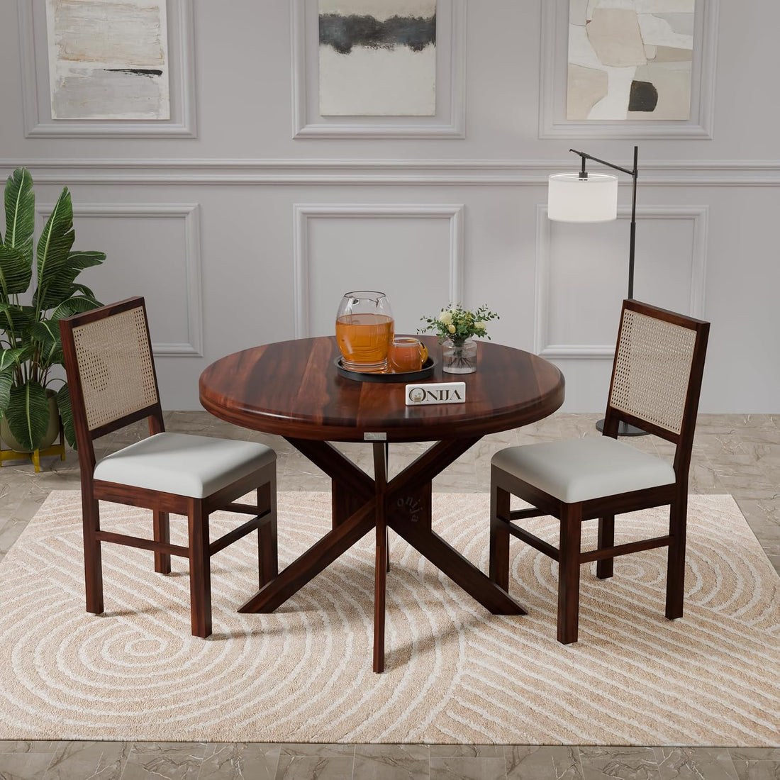 Compact Solid Wood Round Dining Table Set with Cane Back Chairs