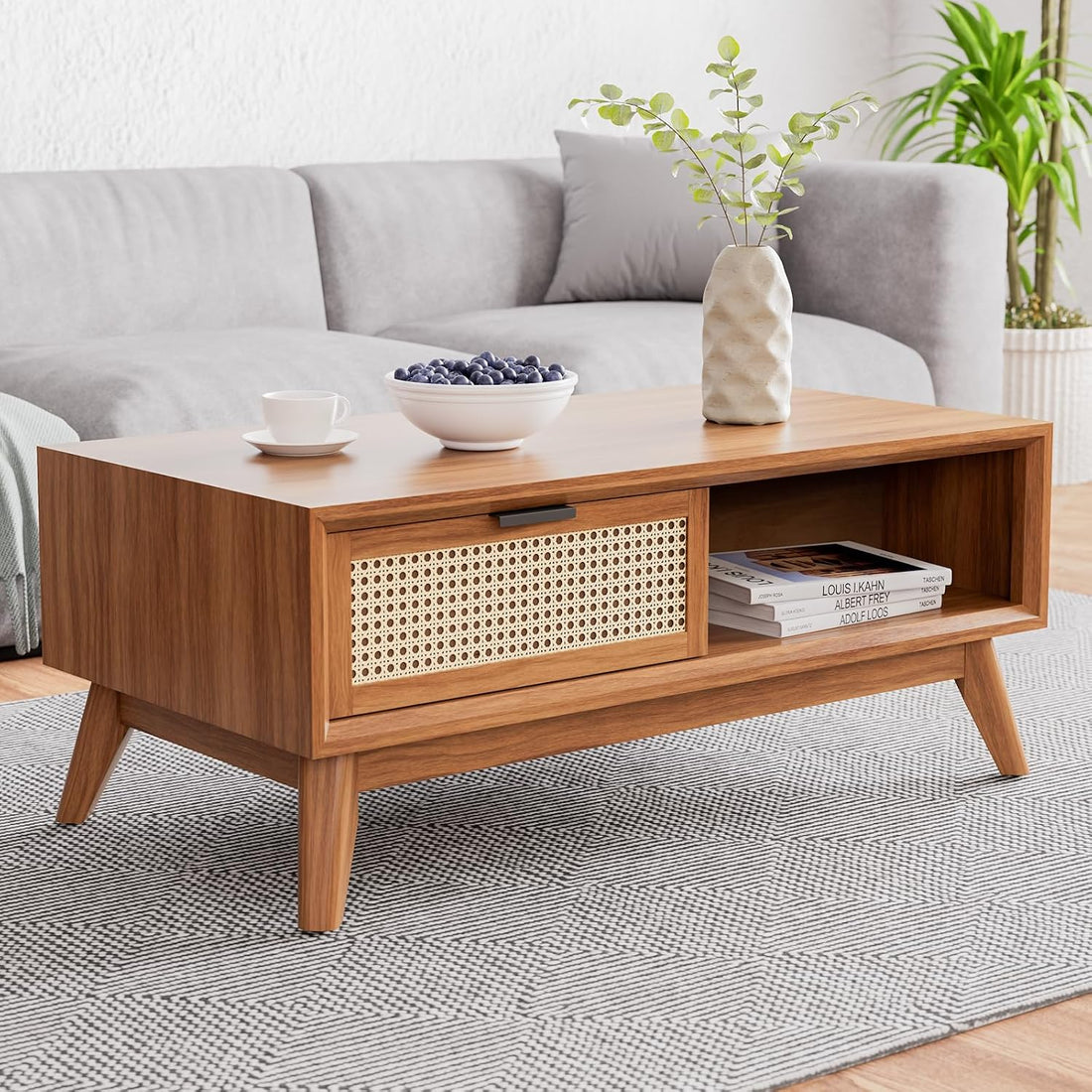 Craft D Art Wooden Coffee Table with Rattan Drawer & Open Shelf