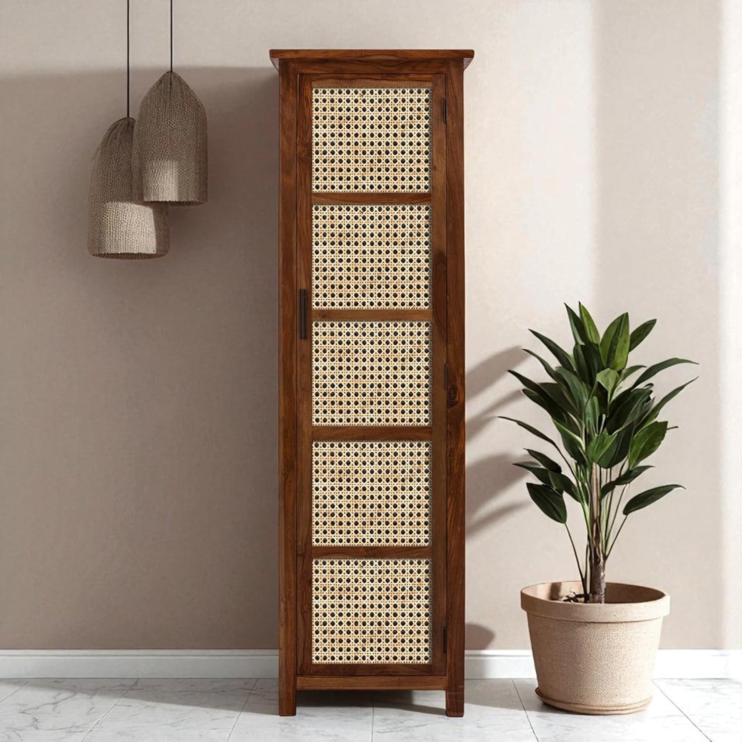Solid Wood Cane Door Storage Cabinet | Slim Rattan Pantry Cabinet