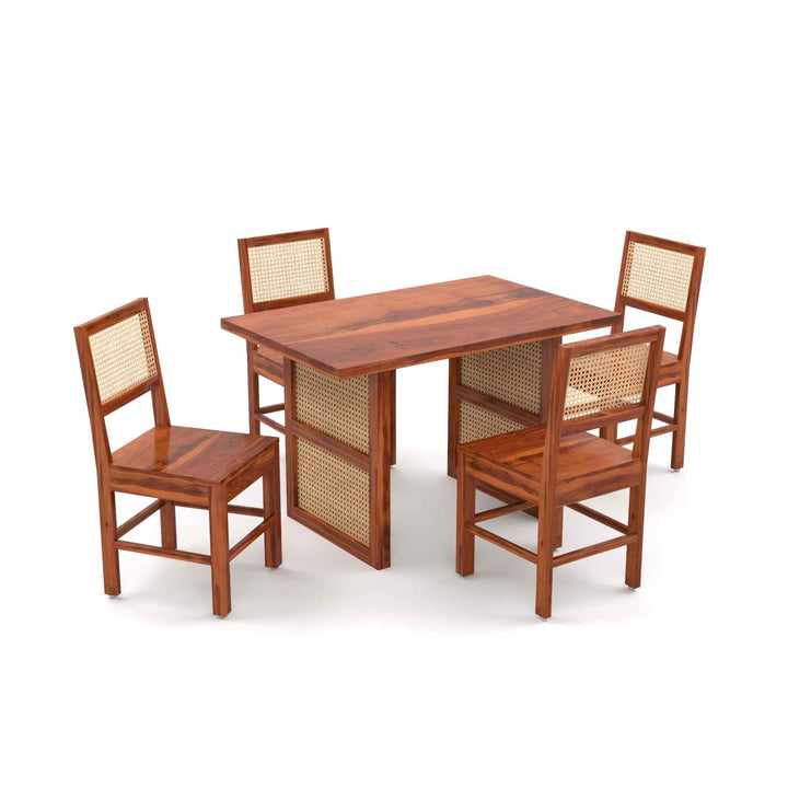 Craft D Art Solid Wood 4 Seater Dining Table Set with Rattan Chairs