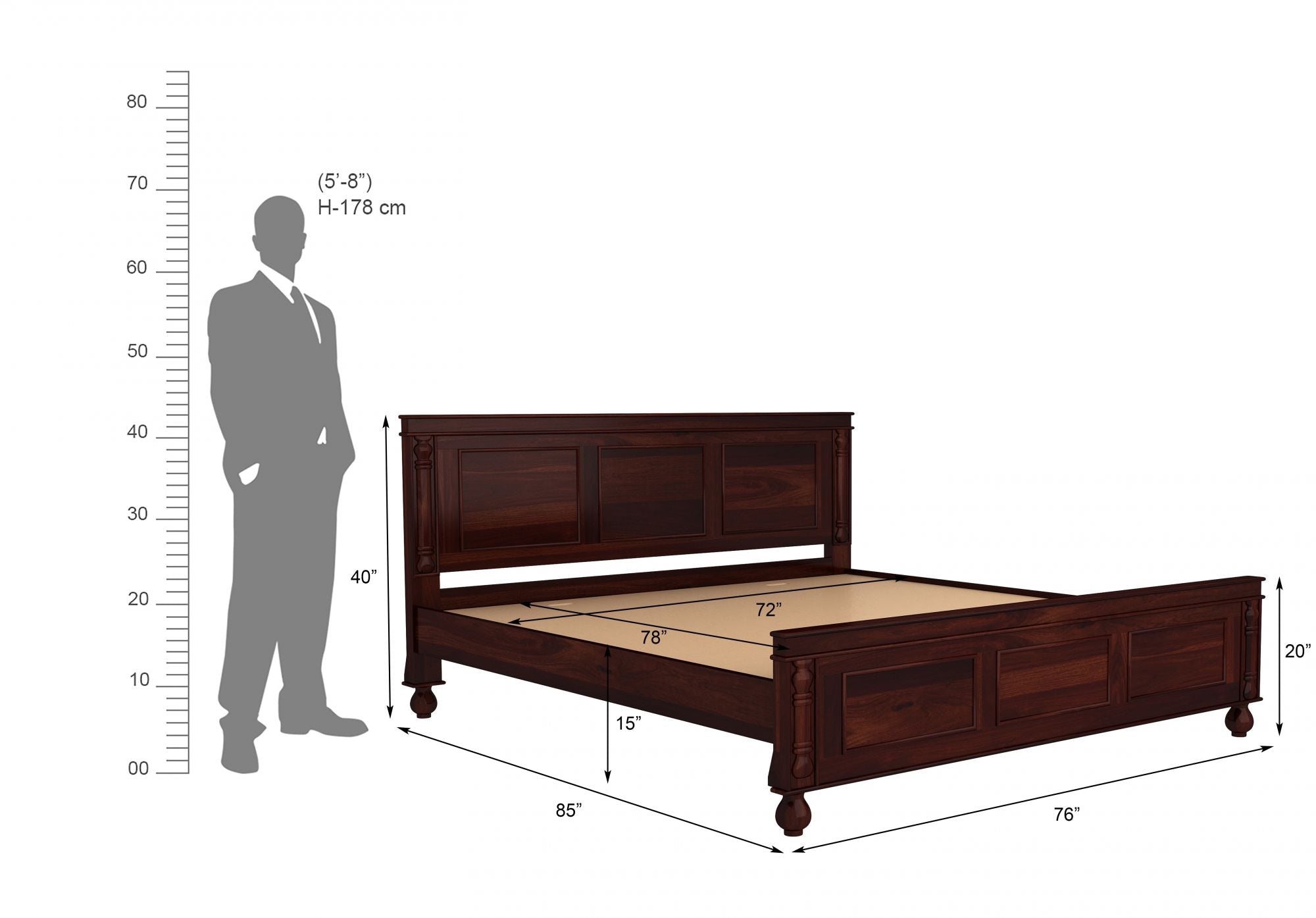 Craft D Art Sheesham Wood King Size Bed Without Storage (Walnut Finish)
