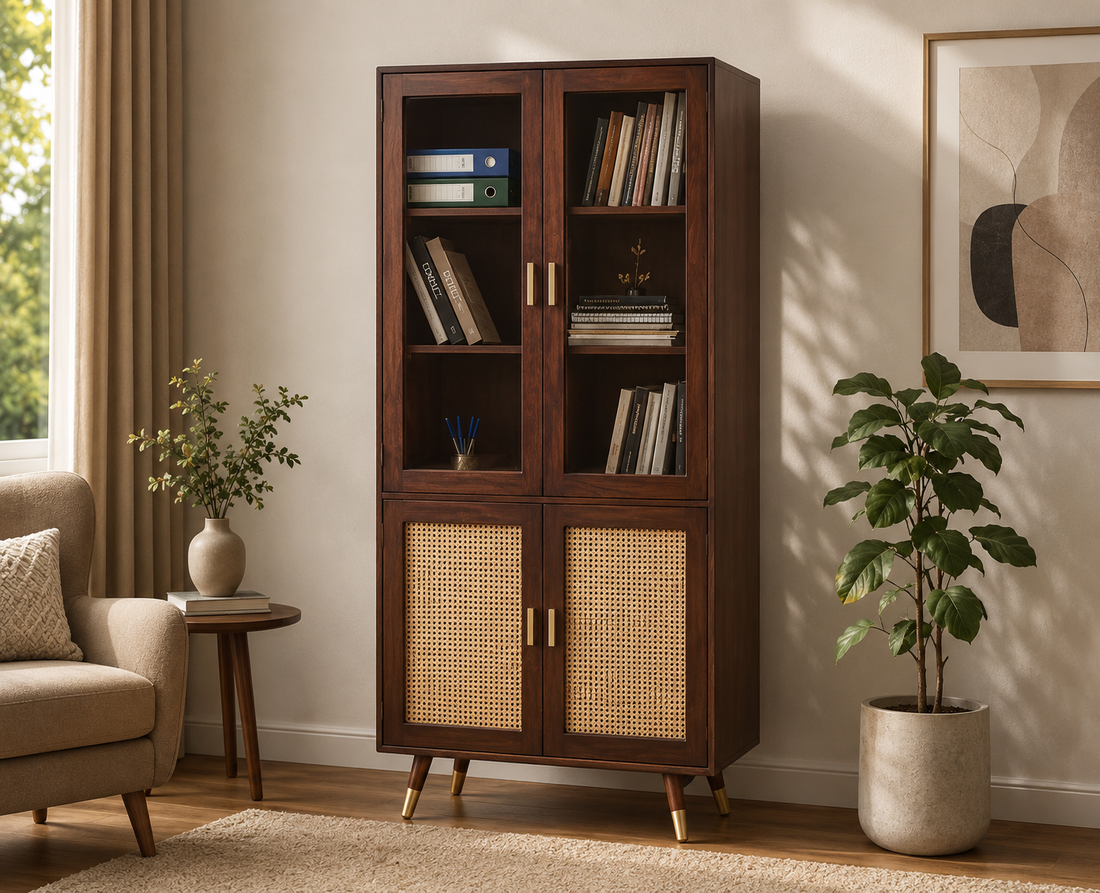 Craft D Art Wooden Display Cabinet with Glass Doors & Rattan Storage