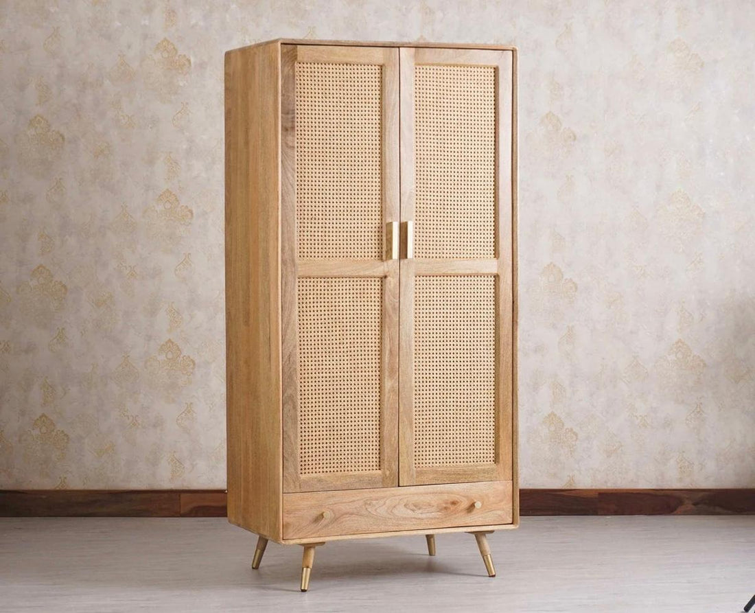 Craft D Art Sheesham Wood 2 Door Cane Wardrobe with Drawer