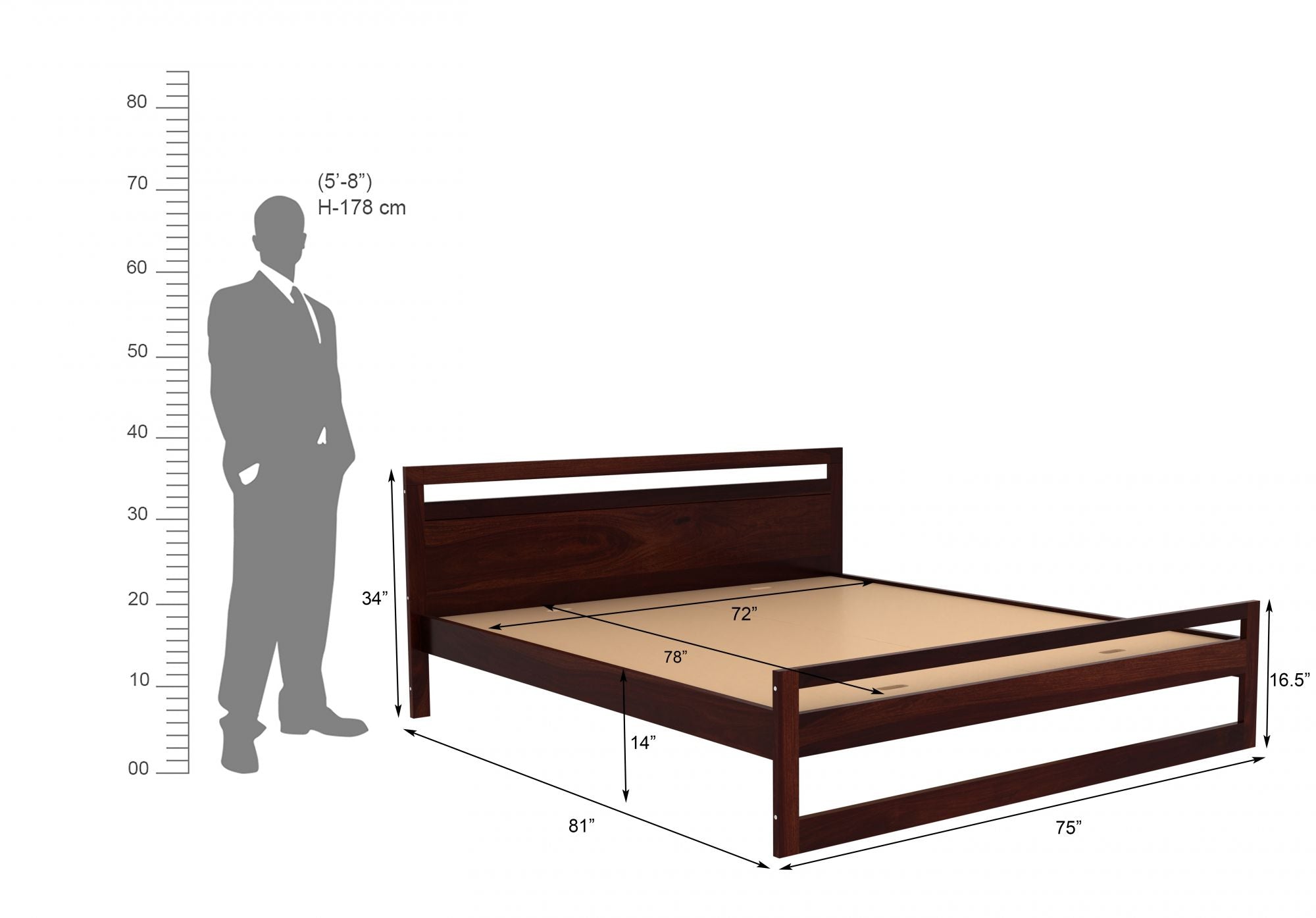 Oraxen Sheesham Wood King Size Bed Without Storage (Walnut Finish)