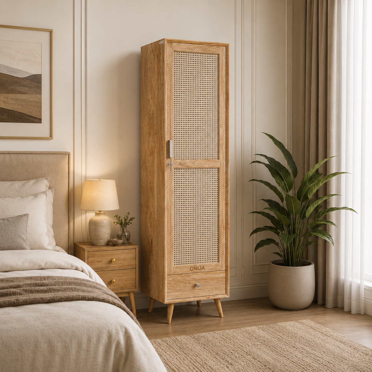 Craft D Art Wooden Single Door Wardrobe with Rattan Panel & Drawer