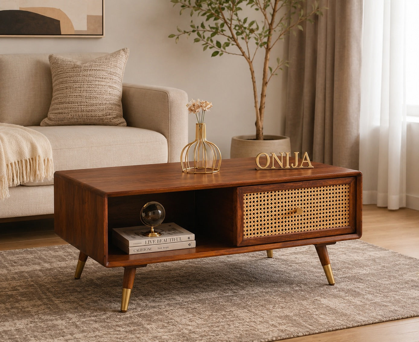 Craft D Art Wooden Coffee Table with Rattan Drawer & Open Storage