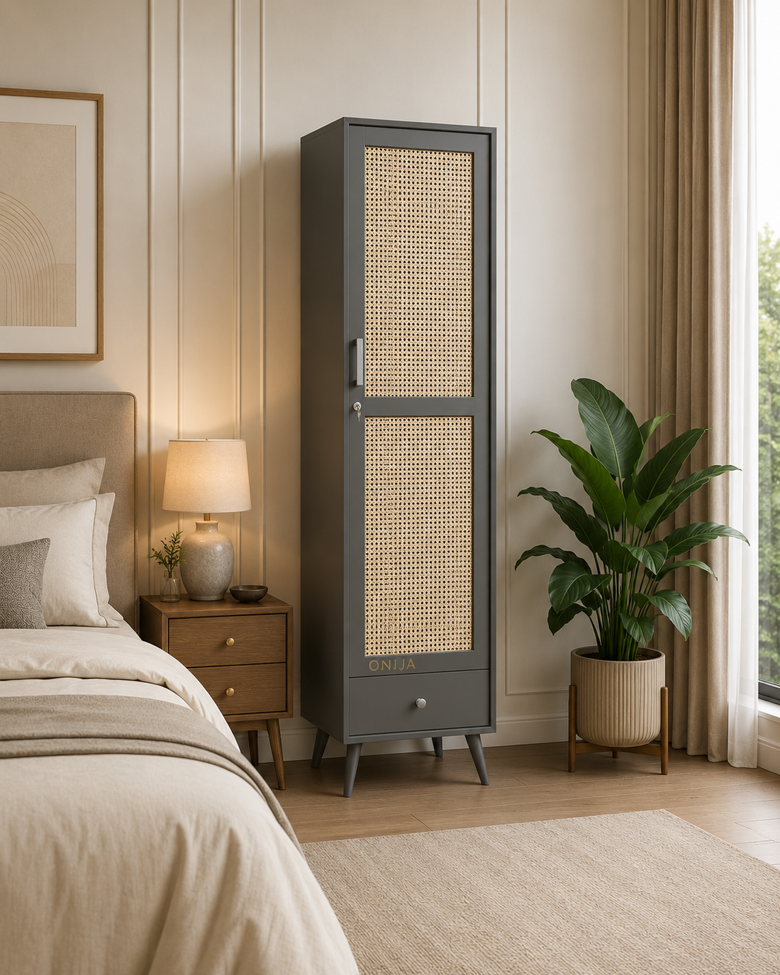 Craft D Art Wooden Single Door Wardrobe with Rattan Panel & Drawer