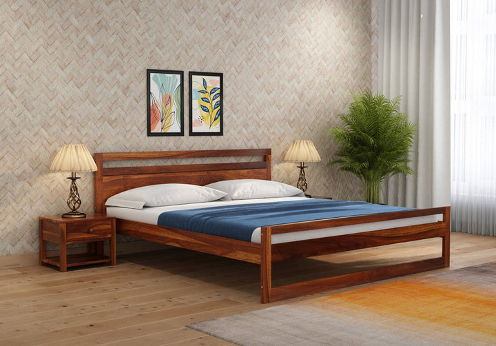 Oraxen Sheesham Wood King Size Bed Without Storage (Honey Finish)