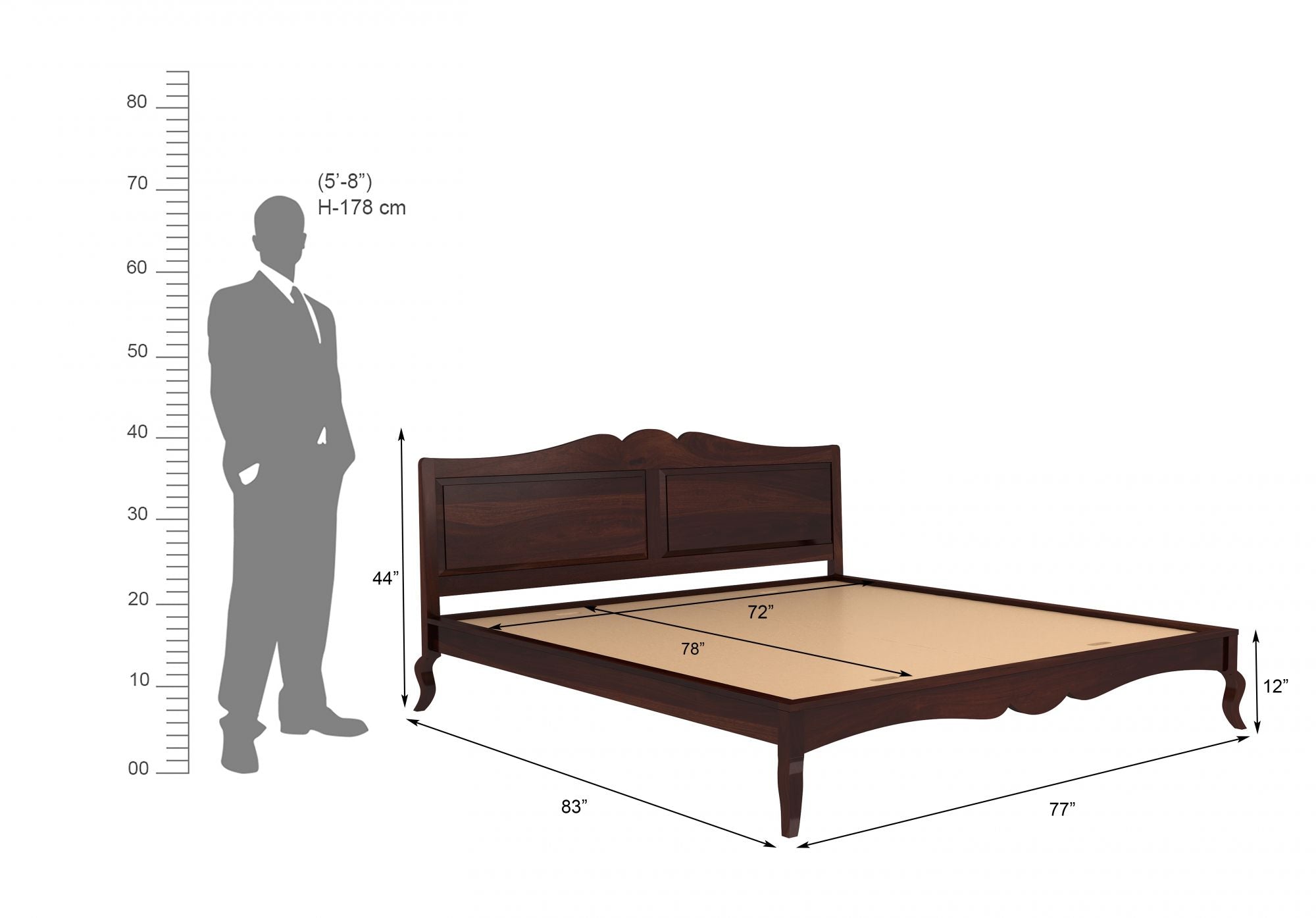 Craft D Art Sheesham Wood King Size Bed Without Storage (Walnut Finish)