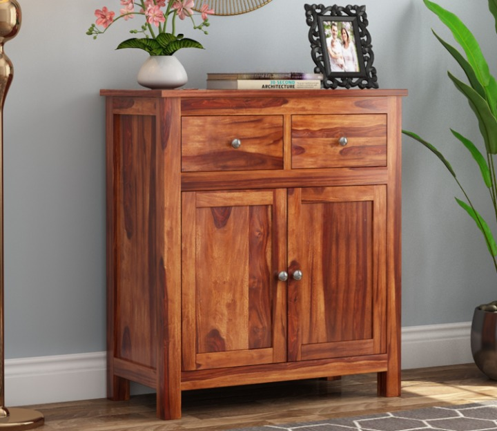 Solid Sheesham Wood Storage Cabinet with 2 Drawers