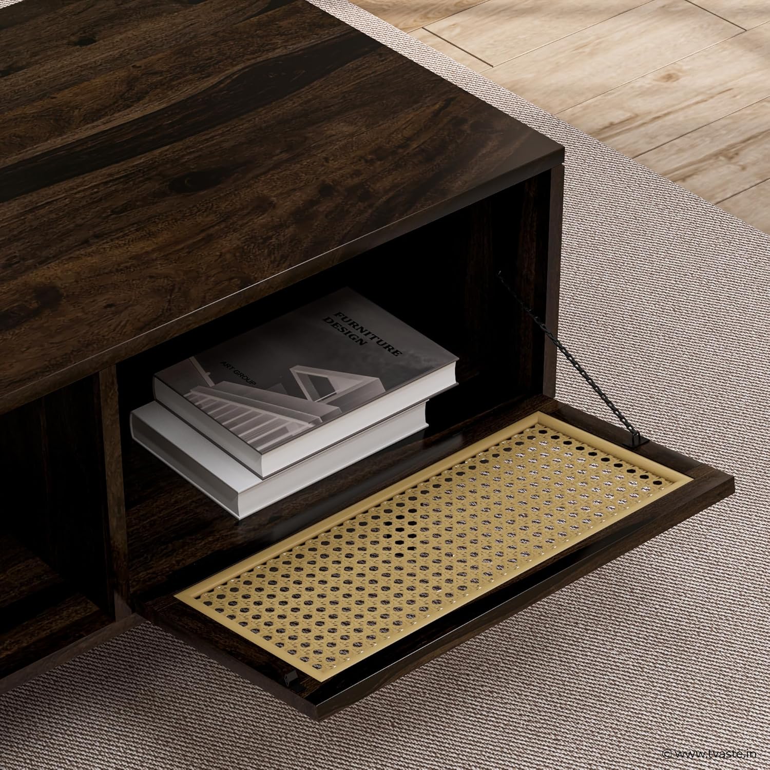 Solid Wood Cane Door Coffee Table with Open Storage Shelf