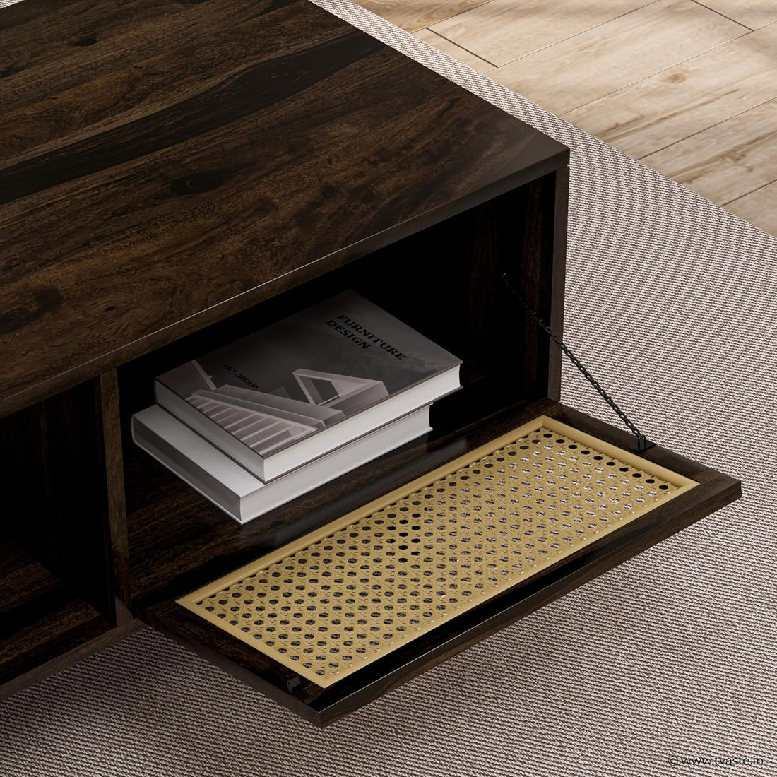Solid Wood Cane Door Coffee Table with Open Storage Shelf