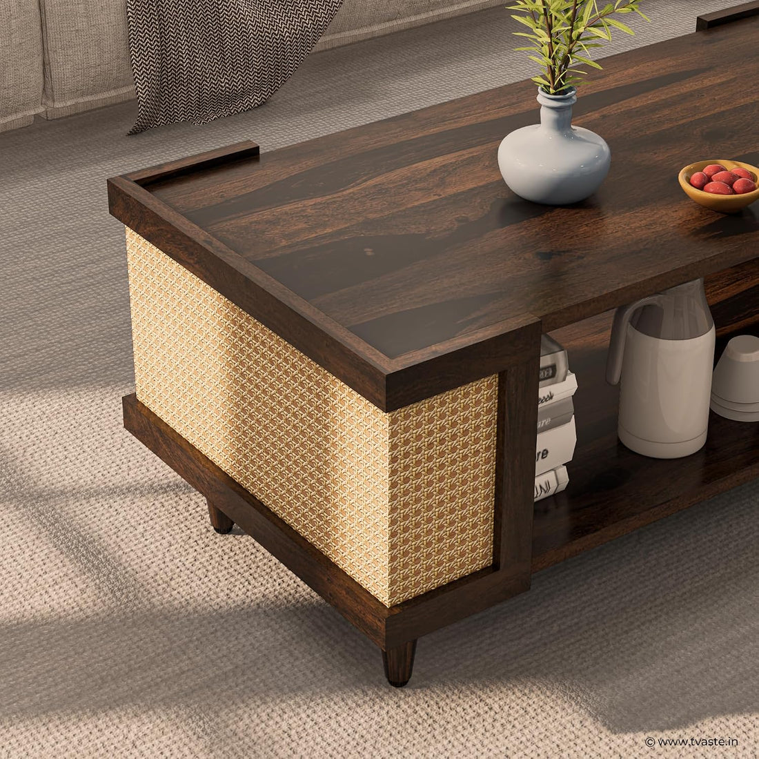 Solid Wood Cane Panel Coffee Table with Open Shelf Storage