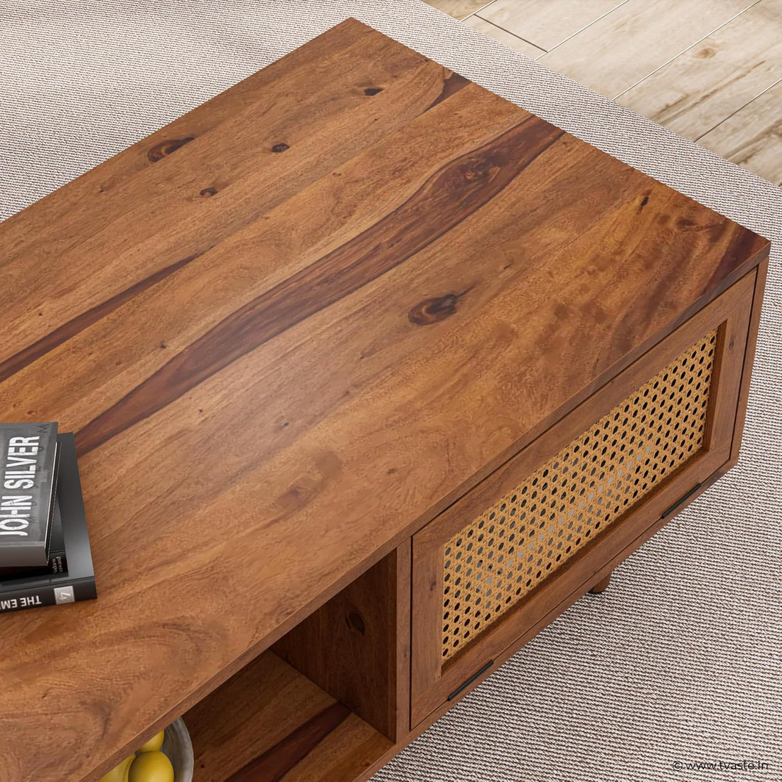 Solid Wood Cane Door Coffee Table with Open Shelf