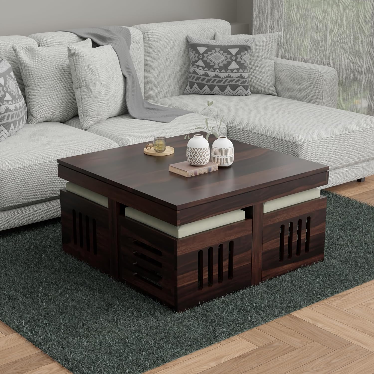 Solid Sheesham Wood Coffee Table  with 4 Cushioned Stools