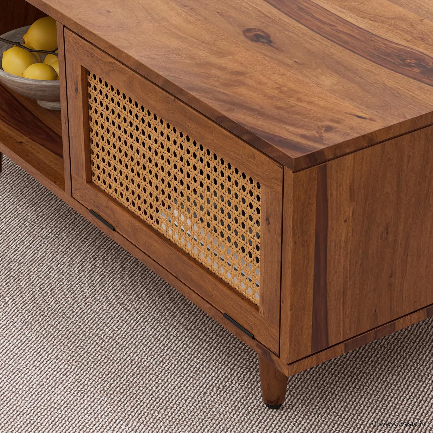 Solid Wood Cane Door Coffee Table with Open Shelf
