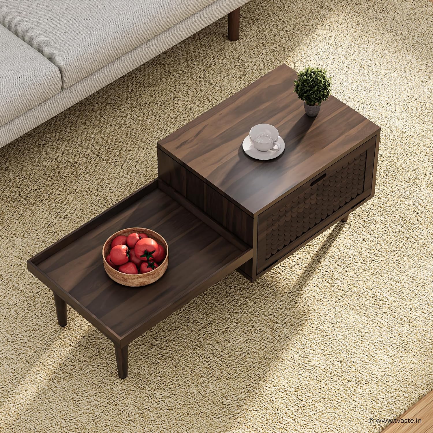 Solid Wood Coffee Table with Sliding Tray & Textured Storage Door