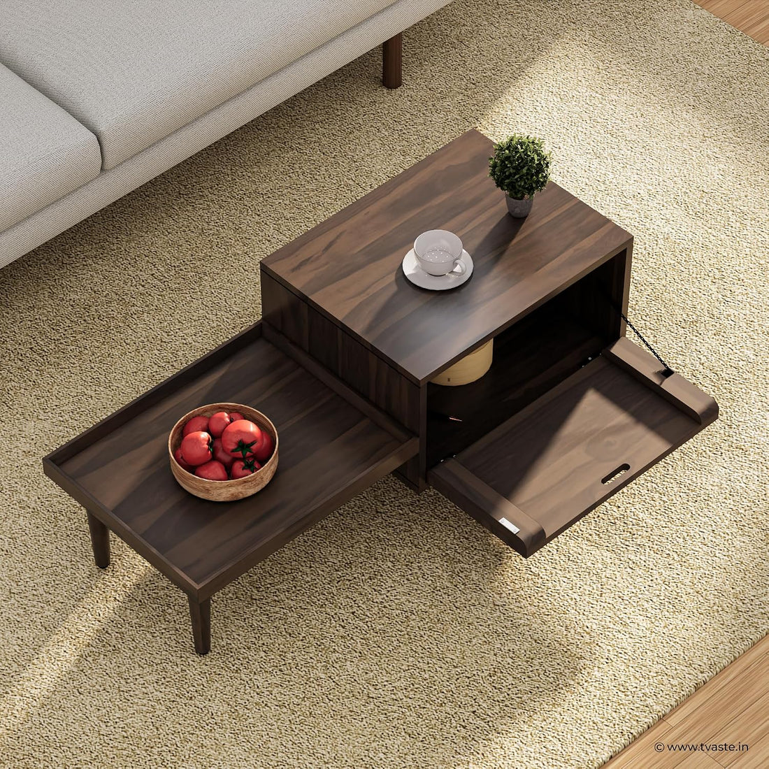 Solid Wood Coffee Table with Sliding Tray & Textured Storage Door