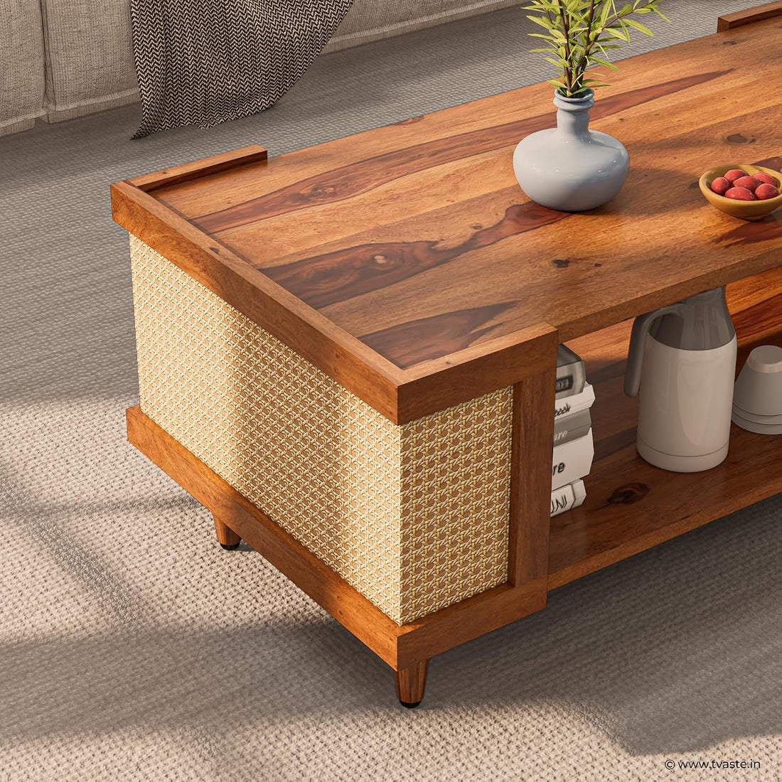 Solid Wood Cane Panel Coffee Table with Open Shelf