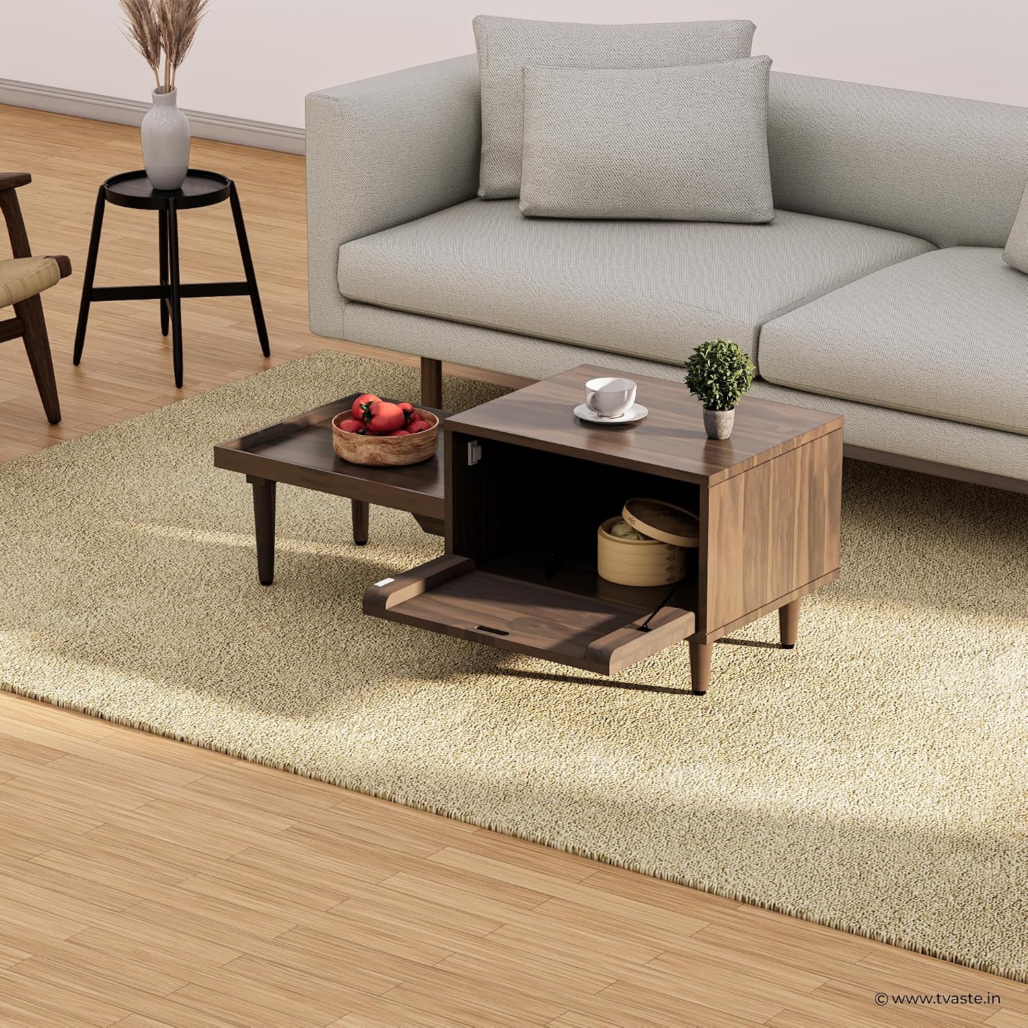 Solid Wood Coffee Table with Sliding Tray & Textured Storage Door