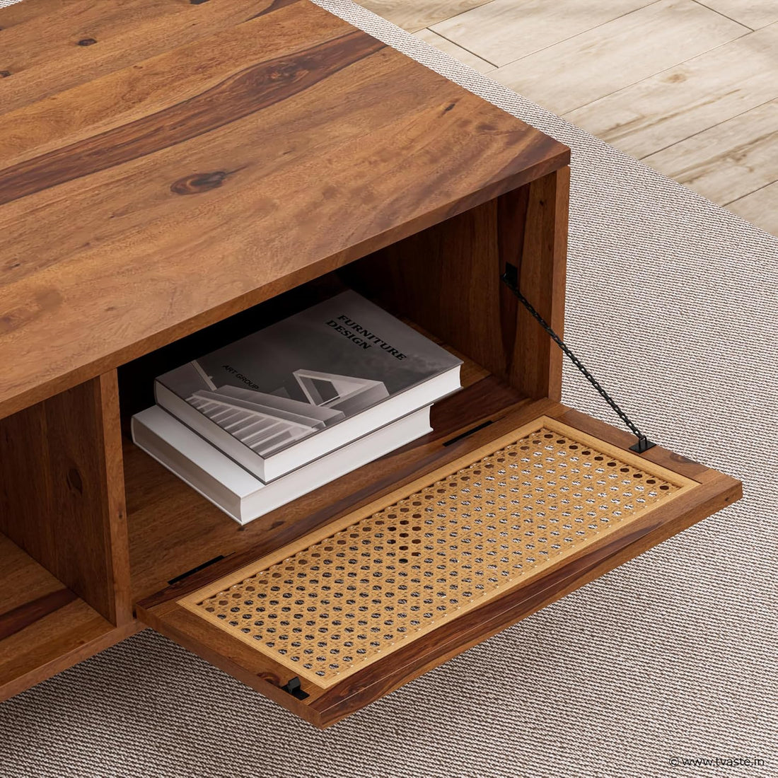 Solid Wood Cane Door Coffee Table with Open Shelf