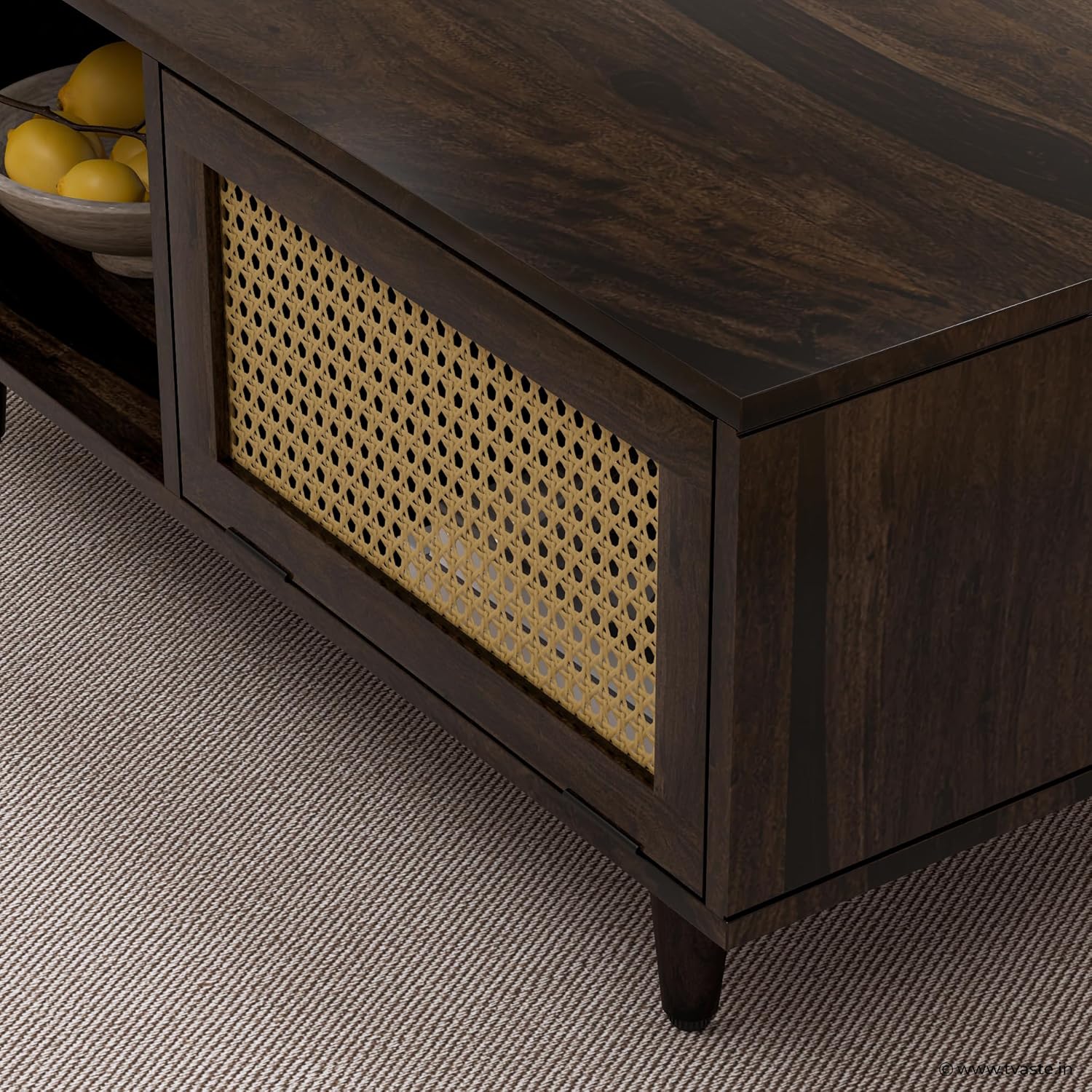 Solid Wood Cane Door Coffee Table with Open Storage Shelf