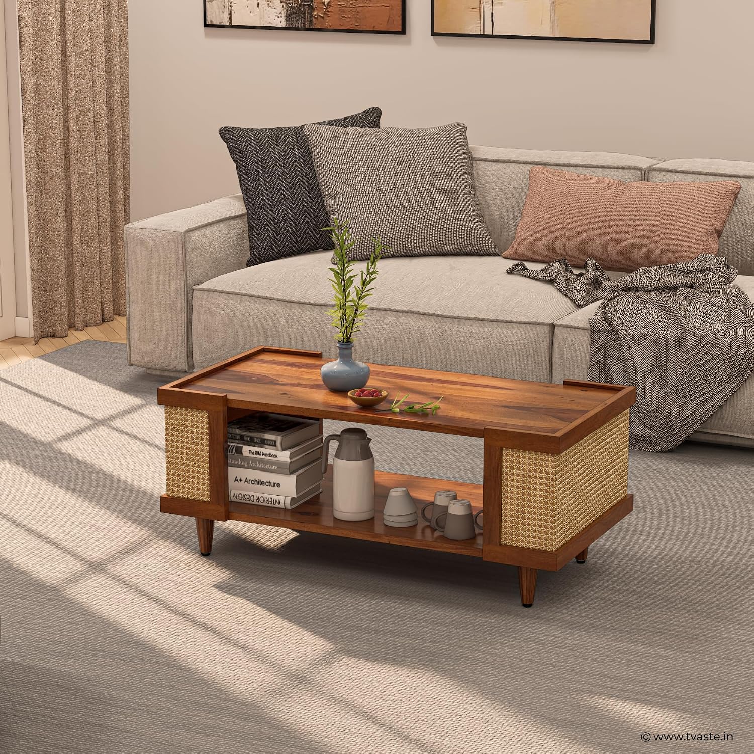Solid Wood Cane Panel Coffee Table with Open Shelf