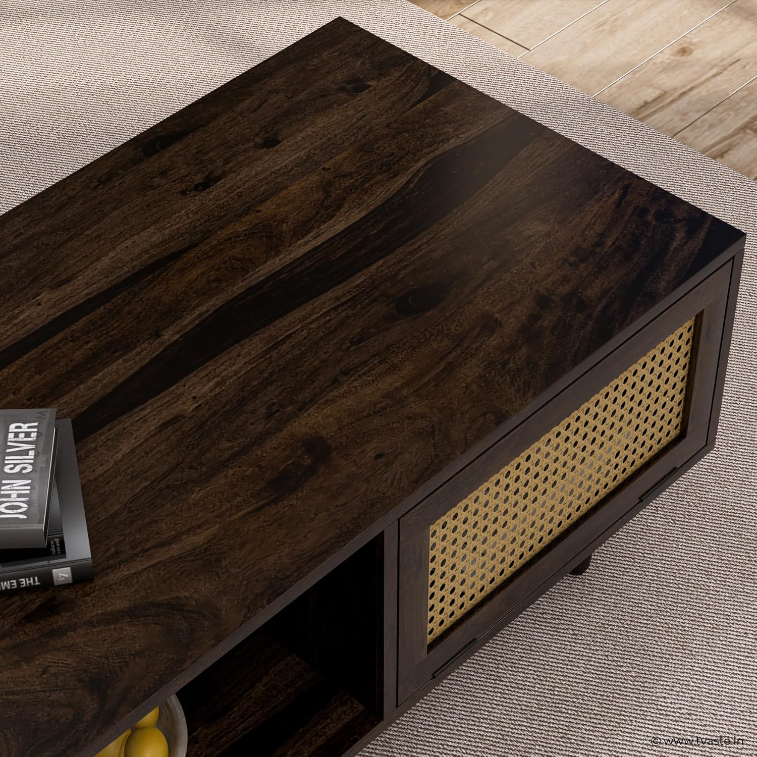 Solid Wood Cane Door Coffee Table with Open Storage Shelf