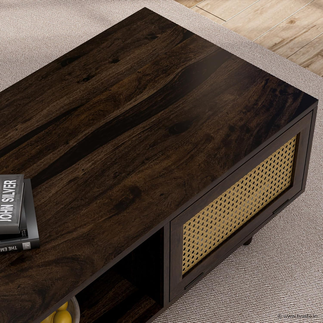 Solid Wood Cane Door Coffee Table with Open Storage Shelf
