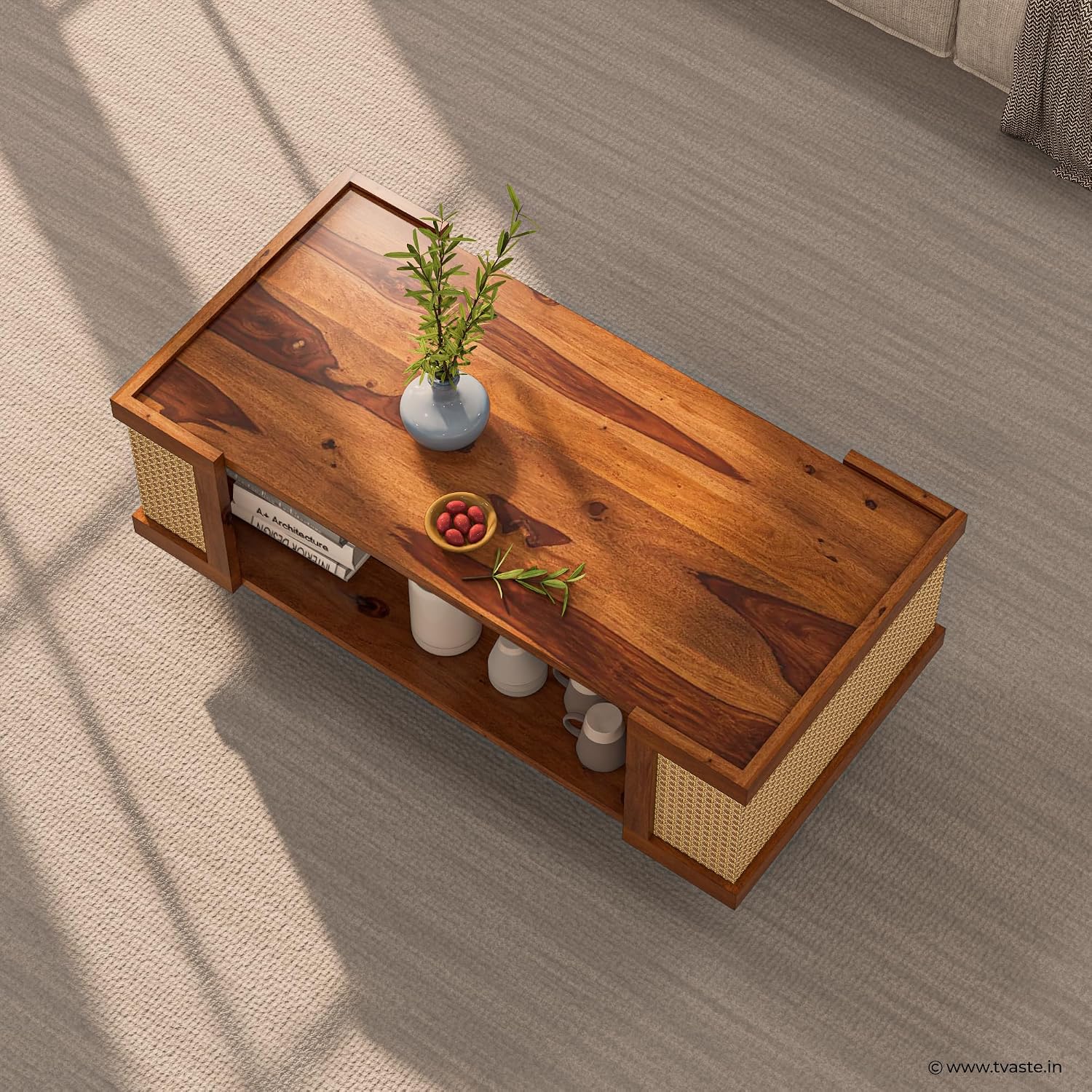 Solid Wood Cane Panel Coffee Table with Open Shelf
