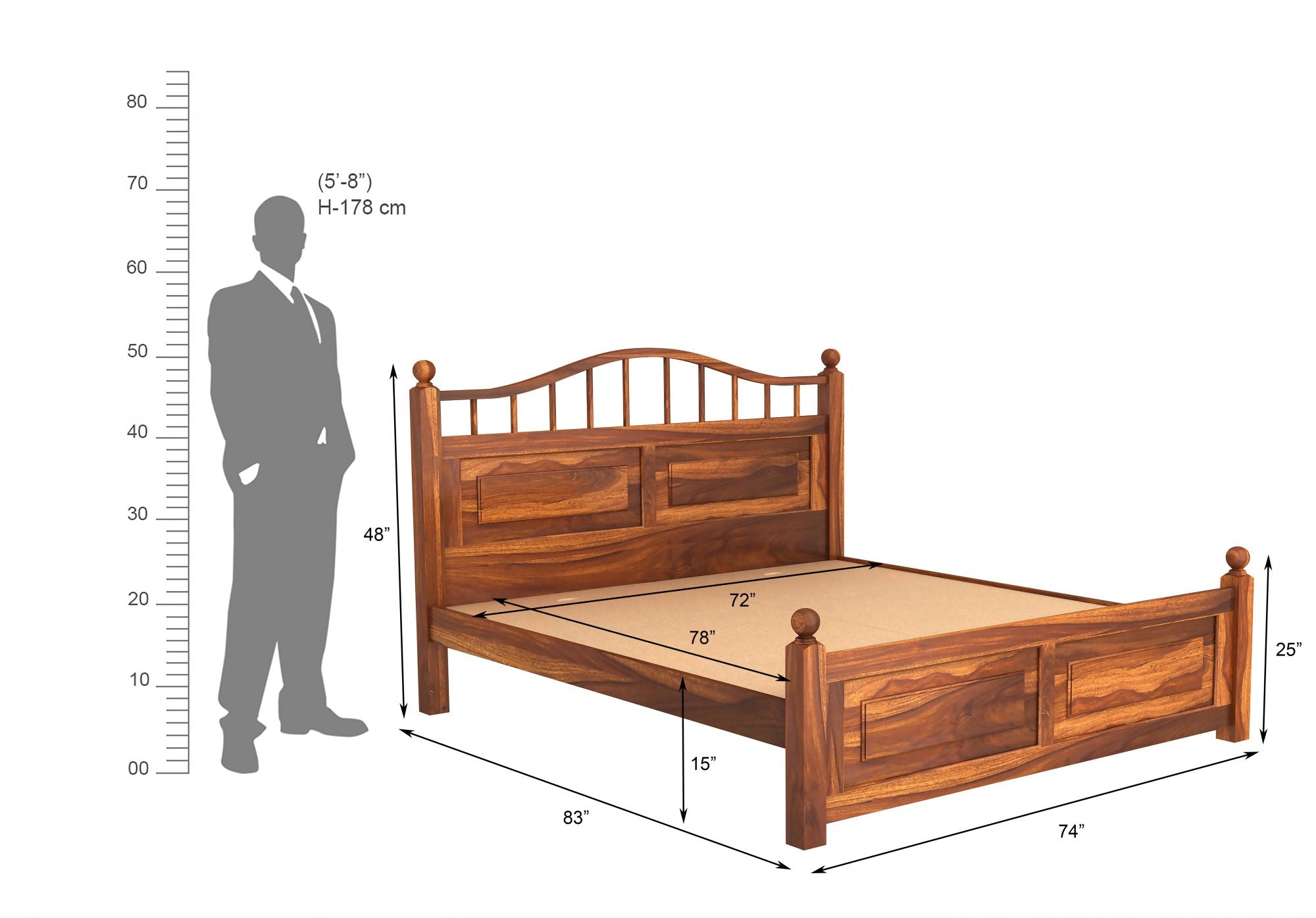 Craft D Art Sheesham Wood Queen Size Bed Without Storage (Honey Finish)